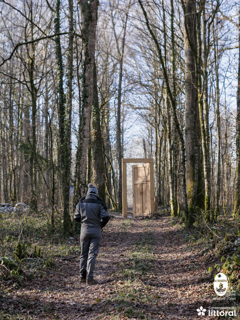 Dans  la forêt, un promeneuse arrive devant une grande porte.