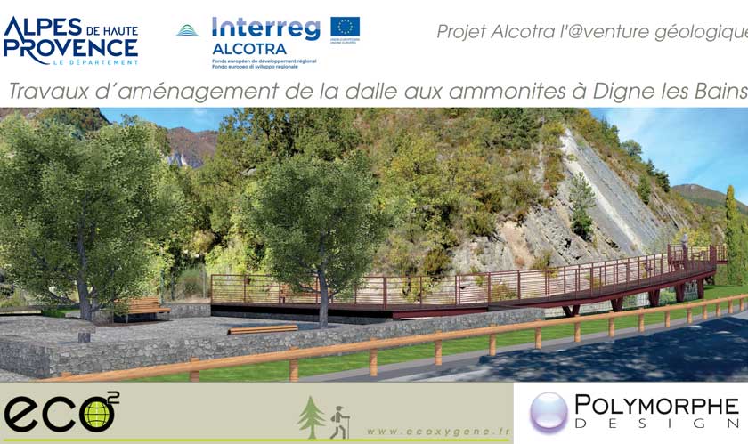 Travaux d'aménagements de la dalle aux ammonites à Digne-les-Bains : Ecoxygène et Polymorphe Design - un projet Interreg Alcotra